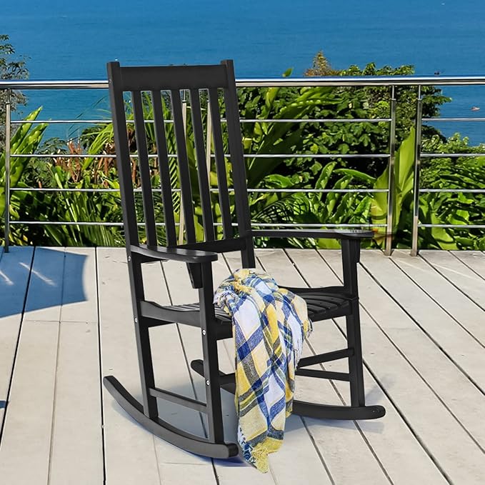 Tangkula Acacia Wood Porch Rocking Chair, Wooden Rocking Chair Rocker with High Back & Armrest for Indoor Outdoor Use, Patio Rocker for Garden Lawn Balcony Backyard Poolside (1, Black)