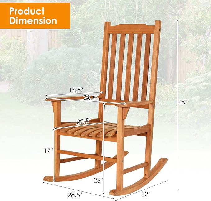 Tangkula Patio Rocking Chair, Indoor Outdoor Wooden Rocker Lounge Chair for Porch Garden Backyard Balcony, Rustic High Back Armchair w/Heavy-Duty 350 LBS Weight Capacity (1)