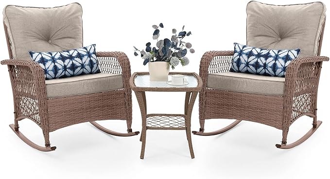 UDPATIO 3 Piece Patio Furniture Set, Wicker Rocking Bistro Set with 2 Rockers, 1 Side Table and 4‘’ Thick Cushions for Backyard, Porch, Balcony, Poolside, Brown/Beige