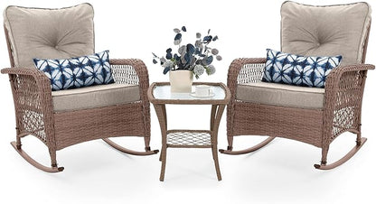 UDPATIO 3 Piece Patio Furniture Set, Wicker Rocking Bistro Set with 2 Rockers, 1 Side Table and 4‘’ Thick Cushions for Backyard, Porch, Balcony, Poolside, Brown/Beige