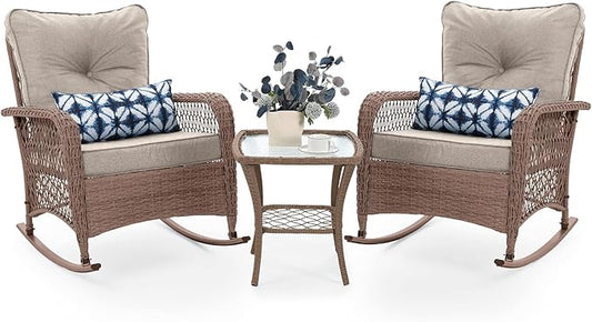 UDPATIO 3 Piece Patio Furniture Set, Wicker Rocking Bistro Set with 2 Rockers, 1 Side Table and 4‘’ Thick Cushions for Backyard, Porch, Balcony, Poolside, Brown/Beige