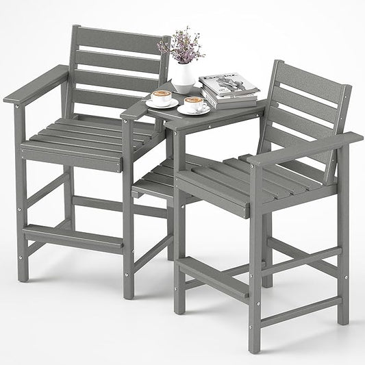Tall Adirondack Chair Set of 2 ,HDPE Adirondack Bar Stools with Removable Connecting Trays ,Weather Resistant Balcony Chair,Outdoor Adirondack Bar Chairs for Patio,Pool,Garden, Backyard 360LBS Grey
