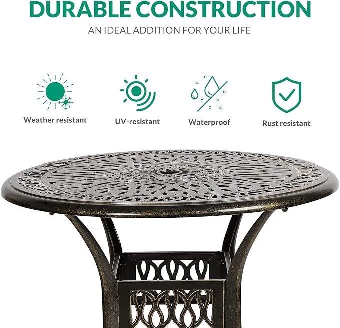 VIVIJASON 35.4" Outdoor Patio Dining Round Table Bronze Cast Aluminum Rustic Large Patio Table with Umbrella Hole