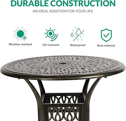 VIVIJASON 35.4" Outdoor Patio Dining Round Table Bronze Cast Aluminum Rustic Large Patio Table with Umbrella Hole