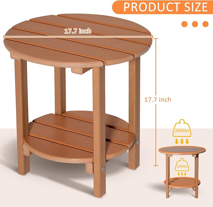 Round Adirondack Outdoor Side Table, 17.7" Small Patio End Table, 2-Tier HDPE Plastic Table for Poolside Porch Garden, Weather Resistant & Easy Assembly (Teak)
