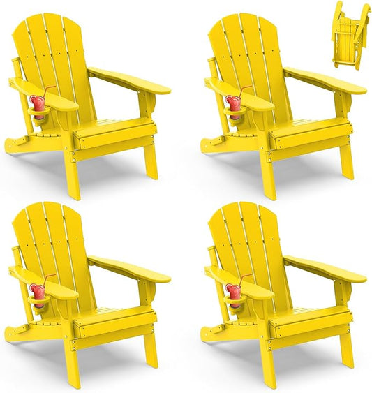 IVY&LANE Folding-Adirondack-Chairs-Set-of-4 | HDPE Plastic | Outdoor Fire Pit Chair with Cup Holder | Yellow | Poly | Weather Resistant | for Patio Deck Poolside Garden Beach