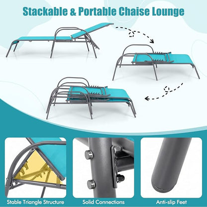Tangkula Outdoor Lounge Chairs Set of 2, Patio Chaise Lounge with Adjustable Backrest, Reclining Pool Lounge Chairs for Outside with Heavy Duty Steel Frame for Beach, Yard, Balcony, Poolside