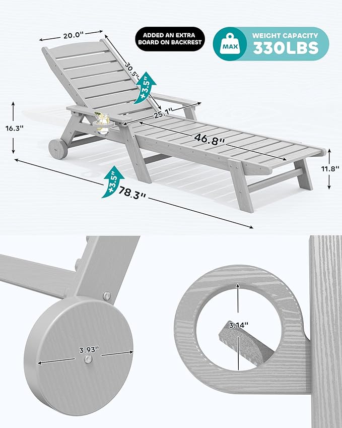 SERWALL Patio Chaise Lounge Chair Set of 2, 78'' Long 5-Positions Adjustable HDPE Outdoor Lounger for Pool - Photo 2