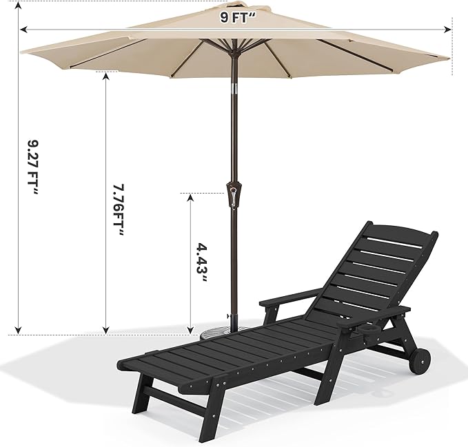 SERWALL Patio Chaise Lounge Chair Set of 2 with 9FT Patio Umbrella, 78'' HDPE Outdoor Lounger - Photo 3