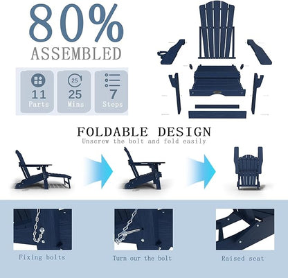 Adjustable Adirondack Chairs with Retractable Ottoman Set of 4, HDEP Folding Adirondack Chair with Footrest & Cup Holder, All Weather Fire Pit Chair for Outdoor,Navy Blue
