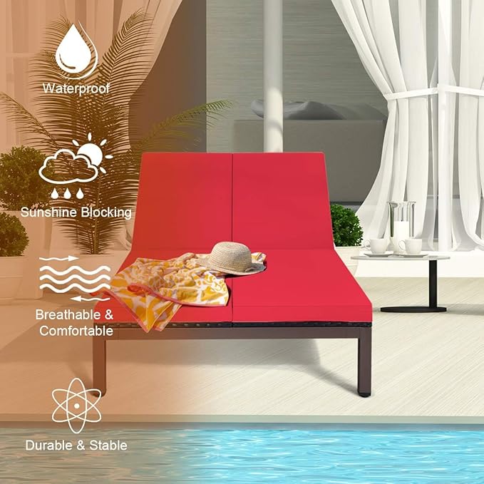 DORTALA 2-Person Patio Rattan Recliner Chair W/Wheels & Cushion, Double Wicker Daybed Chaise Lounge Chair with Adjustable Backrest, Outdoor Furniture Conversation Set for Garden Lawn, Red