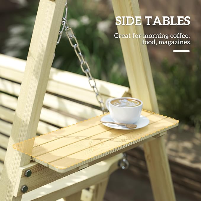 Outsunny 3 Seat Porch Swing with Stand, Wooden Patio Swing Chair with Side Tables and Metal Chains - Photo 4