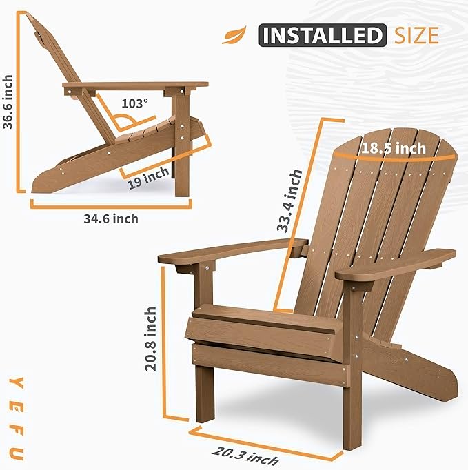 YEFU 3-Piece Adirondack Chair and Table Set: Outdoor Lounge Furniture Set - Outdoor Chair Plastic Weather Resistant with Wide Armrests for Patio Lawn Pool Porch Garden(Teak