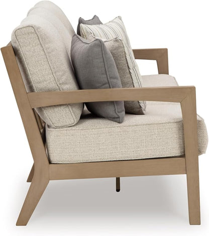 Signature Design by Ashley Hallow Creek Cottage Nuvella Weather Resistant Fabric Outdoor Sofa with Cushion and 4 Throw Pillows, Light Brown & Beige