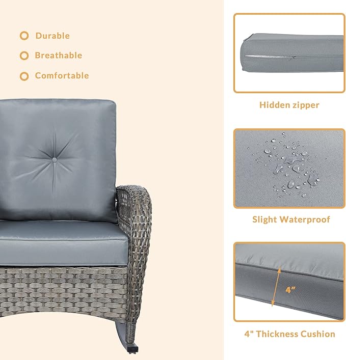 Outdoor Wicker Rocking Chair with Thickened Cushions, All-Weather Rattan Patio Rocking Chairs - Photo 6