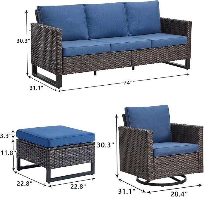 Rilyson Wicker Outdoor Patio Furniture Set - 7 Piece Patio Conversation Set with 4 Swivel Rocker Chairs,2 Rattan Ottoman and 1 Couch for Outside Porch Deck Backyard(Brown/Blue)