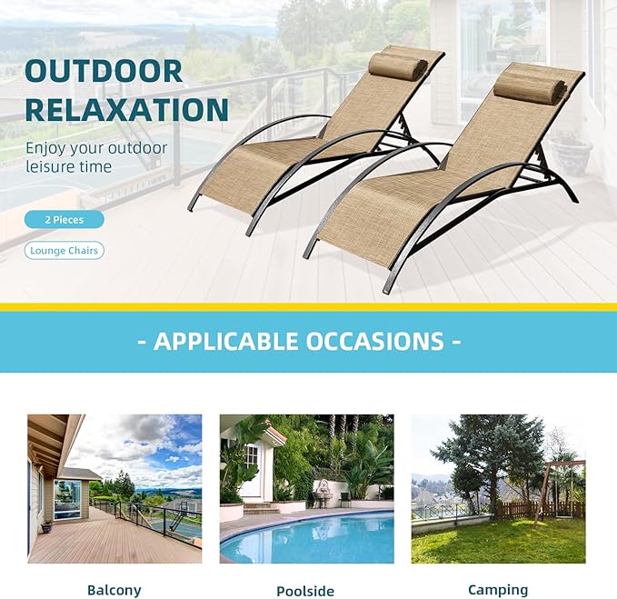 EROMMY Patio Chaise Lounge Chair, Set of 2 Outdoor Pool Lounge Chairs with 5 Position Adjustable Backrest - Photo 7