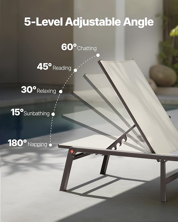 VEVOR Outdoor Chaise Lounge Chair, 400 lbs Weight Capacity, Foldable Sun Tanning Chair, 5 Adjustable Positions, Easy Assembly, Heavy Duty Aluminum Pool Recliner Lounge Chairs, for Beach Yard Patio