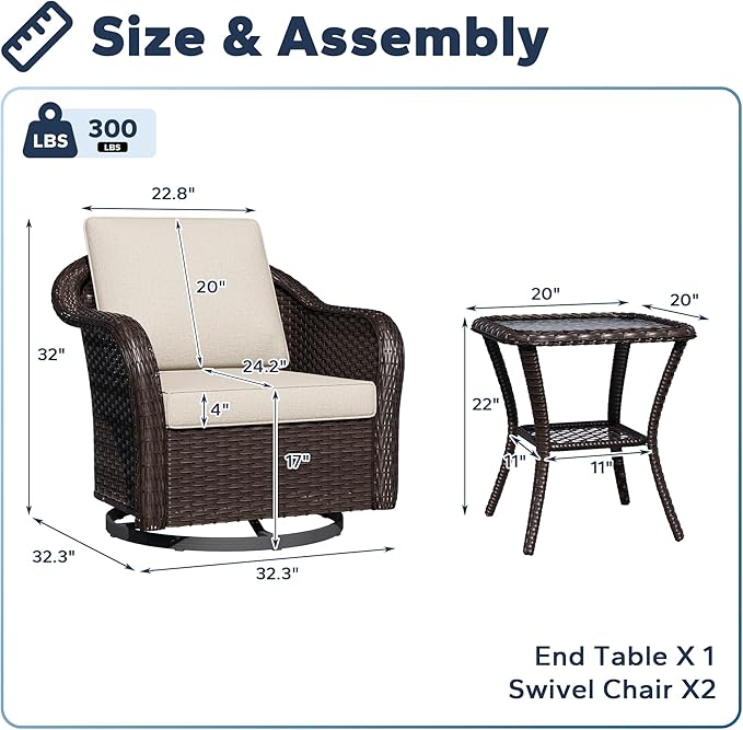 Outdoor Swivel Chairs with Side Table, Patio Wicker Chairs - Photo 2