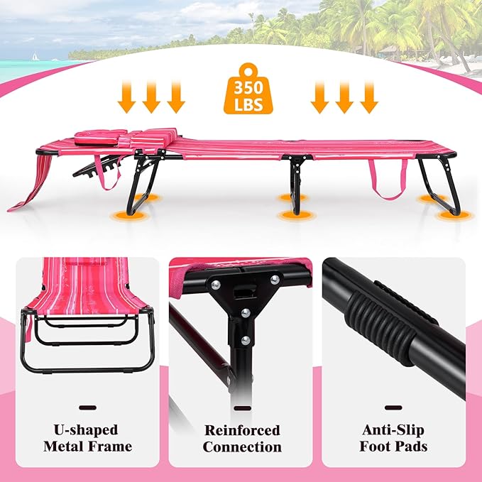 Giantex Tanning Chair, 350lbs Adjustable Patio Lounge Chair w/Face Hole, Removable Pillows, Carry Strap, Folding, Outdoor Chaise Lounge for Layout Beach Poolside Lawn (1, Stripe Pink)