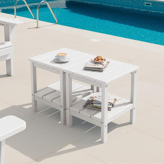 SERWALL 2-Tier HDPE Outdoor Side Tables Set of 2, Weatherproof Rectangular Adirondack Side Table, White