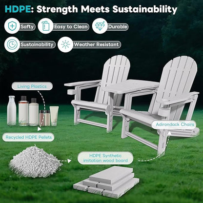 Adirondack Chair Set of 2, All Weather HDPE Adirondack Chair with Double Connecting Trays, Plastic Adirondack Chairs for Balcony, Deck, Patio, Backyard, Garden, Grey
