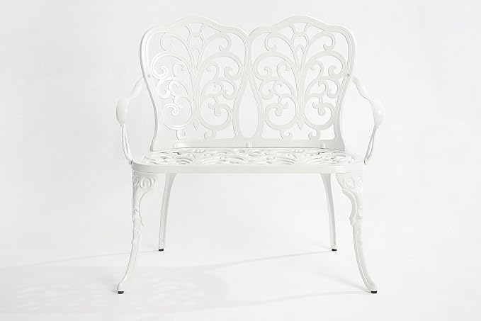 Patio Garden Bench Metal Park Bench Cast Aluminum Outdoor Furniture with Floral Rose for Patio,Park,Lawn,Yard White