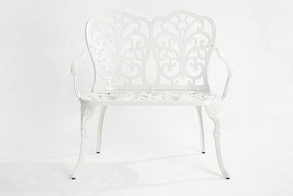 Patio Garden Bench Metal Park Bench Cast Aluminum Outdoor Furniture with Floral Rose for Patio,Park,Lawn,Yard White