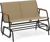 Giantex Patio Glider Bench, 2-Person Swing Gliding Loveseat with Curved Teak Armrests, Fabric Seat, Metal Frame - Photo 1