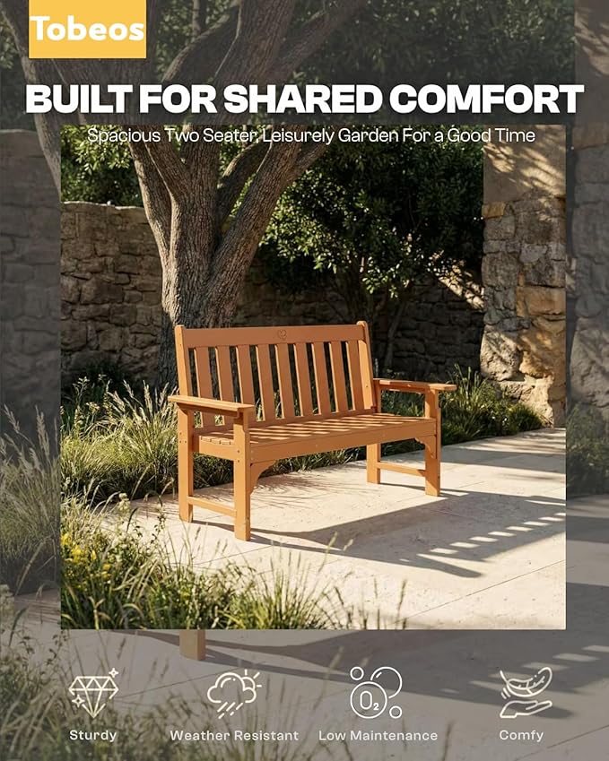 2-Person Outdoor Garden Bench, HDPE All-Weather Patio Bench with Backrest & Armrests, Heavy Duty Outdoor Seating for Porch, Backyard & Park, 660 lbs (Brown, 2 Benches)