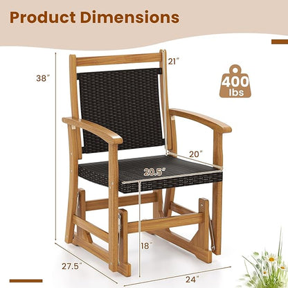 RELAX4LIFE Wooden Outdoor Glider Chair - Rattan Swing Gliding Rocker Armchair w/Acacia Wood Armrests, Wicker Back & Seat, Rocking Patio Chair for Porch Balcony Backyard Pool Garden (24'')
