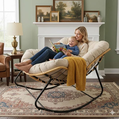 FLEXISPOT Papasan Rocking Chair with Thick Cushion, Indoor Outdoor Lounge Accent Chair with Sturdy Metal Frame Base, Cozy Reading Rocker for Living Room, Bedroom, Balcony-Beige