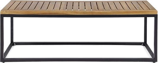 Drew Outdoor Industrial Acacia Wood and Iron Bench, Teak and Black