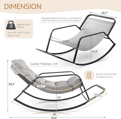 NICESOUL Papasan Rocking Chair with Footrest, Outdoor Rocking Chair with Cushion, Oversized Patio Rocker, Modern Lounge Comfort, Heavy Duty Steel Frame, Indoor Porch Garden, Grey