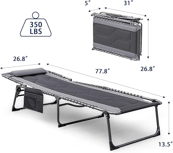 Devoko 4-Fold Padded Portable Folding Outdoor Chaise Lounge Heavy Duty Reclining Chair with Pillow & Side Pocket for - Photo 2