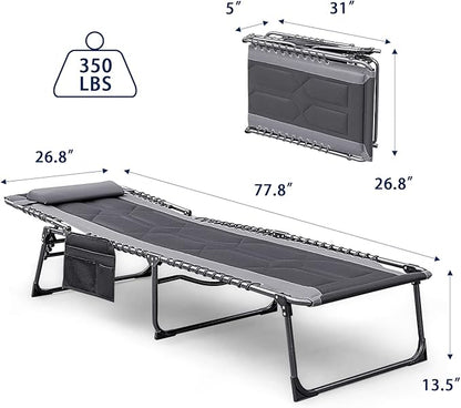 Devoko 4-Fold Padded Portable Folding Outdoor Chaise Lounge Heavy Duty Reclining Chair with Pillow & Side Pocket for Patio, Beach, Pool, Camping, Sunbathing (Gray)