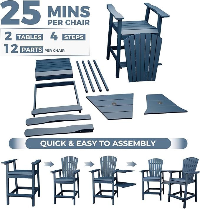 2-Pack High Back Adirondack Bar Stools with Connecting Tray, All-Weather HDPE Recycled Plastic Outdoor Bar Chairs, Umbrella Hole, Built-in Footrest, 350lbs Capacity for Deck/Patio/Backyard, Sea Blue