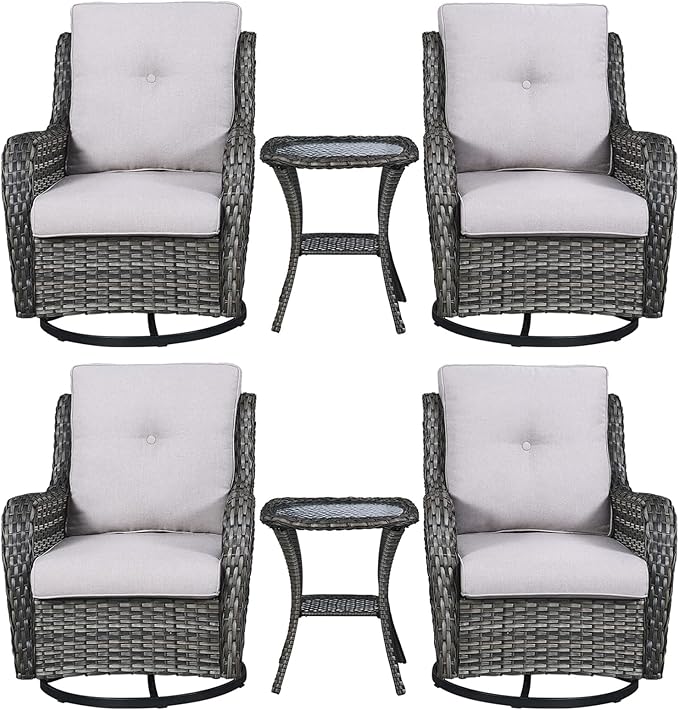Rilyson Wicker Rocking Chair Swivel Chairs – 6 Piece Rocker Patio Furniture Set Rattan Rocking Bistro Sets with Glass Top Side Table for Outdoor Porch Deck Garden Backyard(Mixed Grey/Beige)