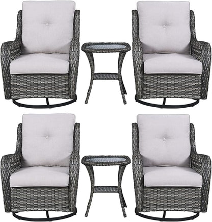 Rilyson Wicker Rocking Chair Swivel Chairs – 6 Piece Rocker Patio Furniture Set Rattan Rocking Bistro Sets with Glass Top Side Table for Outdoor Porch Deck Garden Backyard(Mixed Grey/Beige)