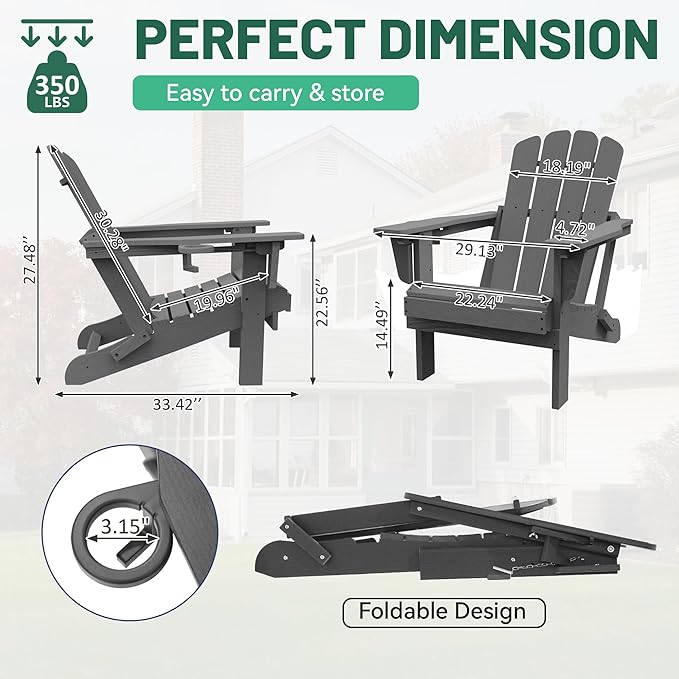 Adirondack Chair, Plastic Adirondack Chairs, HDPE Adirondack Chair, Folding Adirondack Chairs,Outdoor Chairs with Cup Holder for Lawn Patio Deck Fire Pit -Grey