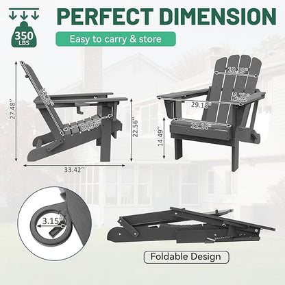 Adirondack Chair, Plastic Adirondack Chairs, HDPE Adirondack Chair, Folding Adirondack Chairs,Outdoor Chairs with Cup Holder for Lawn Patio Deck Fire Pit -Grey