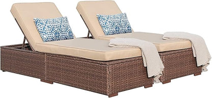 JOIVI Outdoor Chaise Lounge Chair Set of 2, 2 Pieces All-Weather PE Wicker Patio Chairs Pool Lounge Chairs for Outside, Brown Rattan Reclining Outdoor Chair with Adjustable Backrest & Beige Cushion