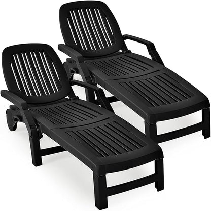 Giantex Chaise Lounge Outdoor, 6 Adjustable Backrests Lounge Chair Recliner, Outdoor Furniture for Patio Poolside Garden, Foldable Sun Lounger with Wheels (2, Black)