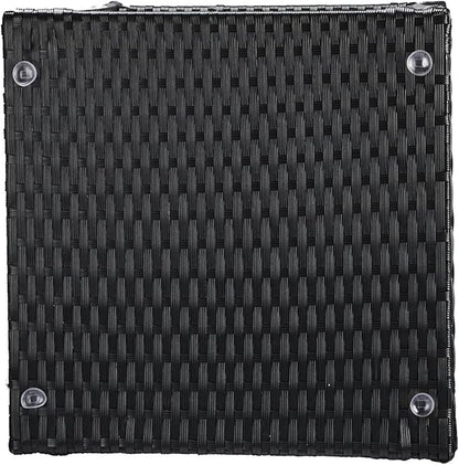 Henf Wicker Rattan Side Table Outdoor Square End Table Coffee Table with Glass Top, Patio Wicker Garden Side Table Small End Table with Storage for Patio Courtyard Balcony (Black)