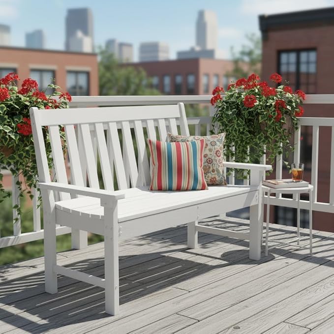 Tangkula HDPE Outdoor Garden Bench with Backrest, 2-Person All-Weather Patio Loveseat Chair with Slatted Seat, 705 lbs Weight Capacity, Patio Benches for Balcony, Garden, Porch, Backyard & Park, White