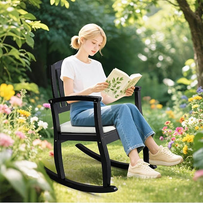 VINGLI Patio Rocking Chair with Cushion, Wood Rocking Bench with Comfortable Backrest, Outdoor Wooden Rocker Support 450 LBS for Indoors & Outdoors (Black, 1 PCS)