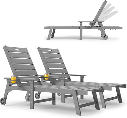 YEFU Lounge Chair Outdoor Set of 2: Outdoor Chaise Lounge with 5-Level Adjustable Backrest, Cup Holders & Wheels, All-Weather Resistance Chaise Lounge for Outside/Patio/Beach/Deck, Grey