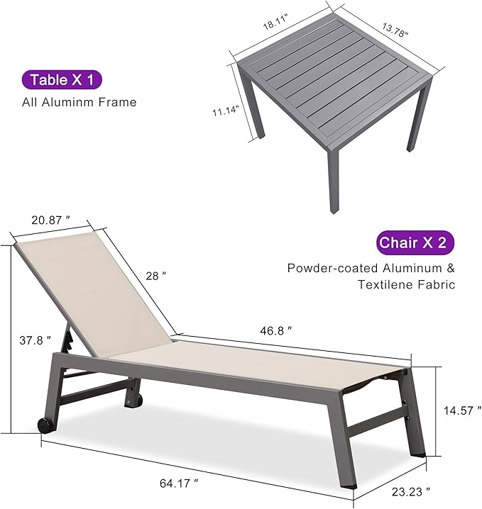 PURPLE LEAF Outdoor Lounge Chair Set for 2 Aluminum Patio Chaise Lounger with Easy-to-Move Wheels and Adjustable Backrest Pool Reclining Lounge Chairs for Beach Yard Poolside Table Included, Khaki