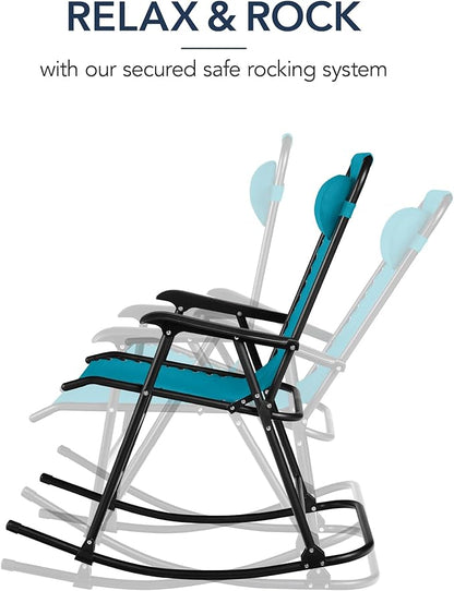 Best Choice Products Outdoor Folding Rocking Chair, Zero Gravity Lounge Chair, Patio Rocker w/Headrest Pillow - Peacock Blue