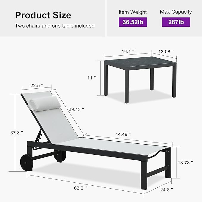 PURPLE LEAF Patio Lounge Chair Set of 3 Outdoor Chaise Lounger Aluminum Frame with Side Table and Wheels for Pool - Photo 8